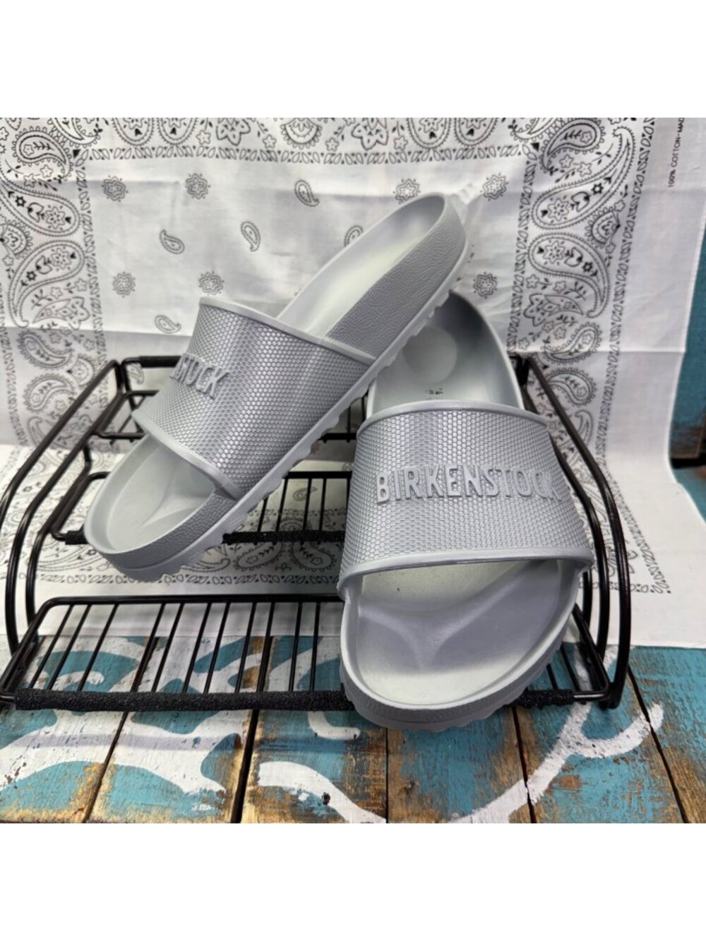 Birkenstock BarbadosEVA Slide Sandals Metallic Silver size Mens 44/11 EUC